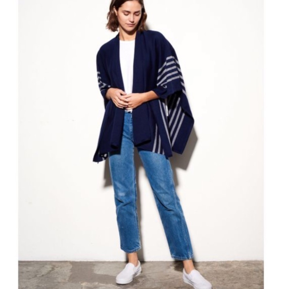 Sundry Stripes Poncho Cardigan Sweater Navy Blue Gray Wool Blend